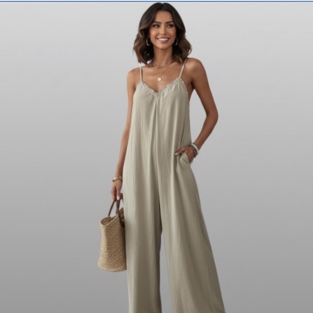 Boho Ruffle Trim Loose Fitting Wide Leg Jumpsuit
